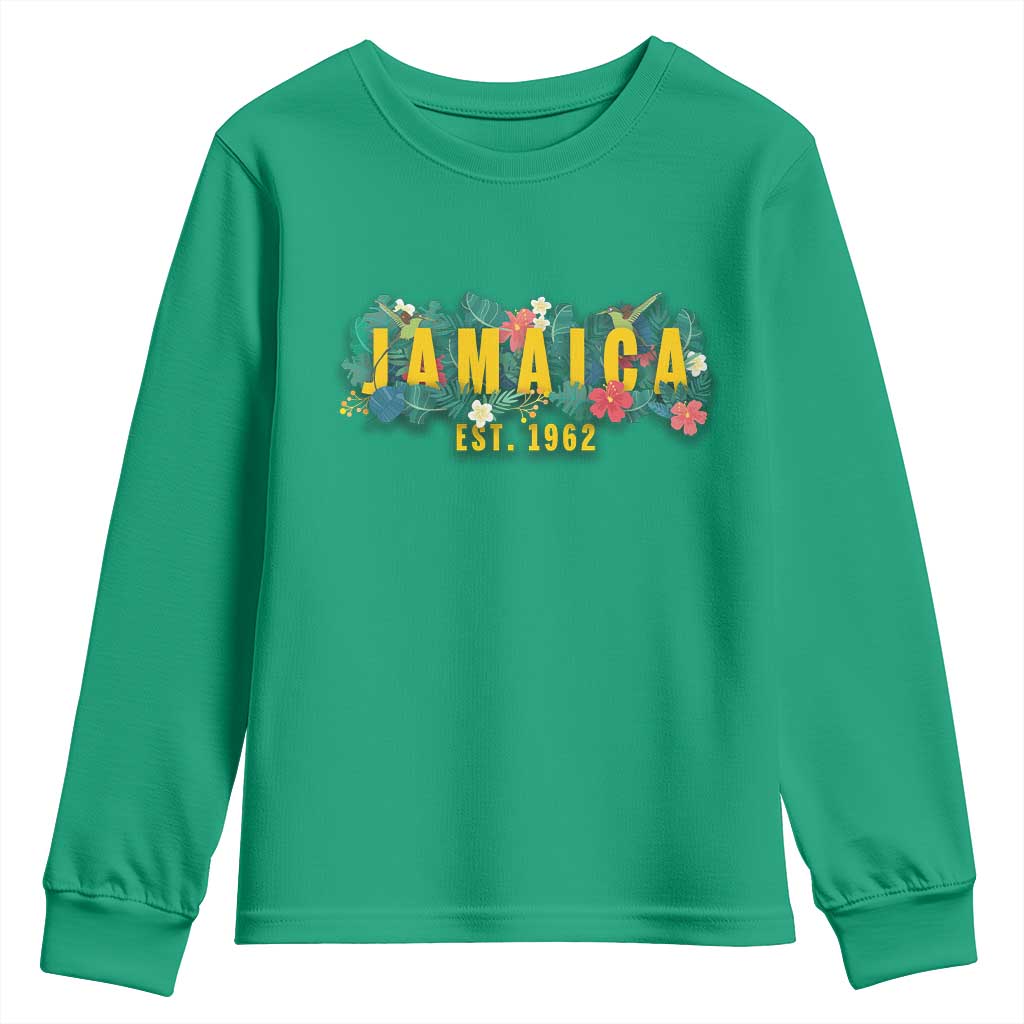 Jamaica Est 1962 Tropical Independence Youth Sweatshirt Doctor Bird and Hibiscus Botanical Travel Souvenir