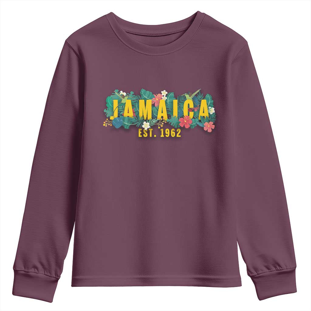 Jamaica Est 1962 Tropical Independence Youth Sweatshirt Doctor Bird and Hibiscus Botanical Travel Souvenir