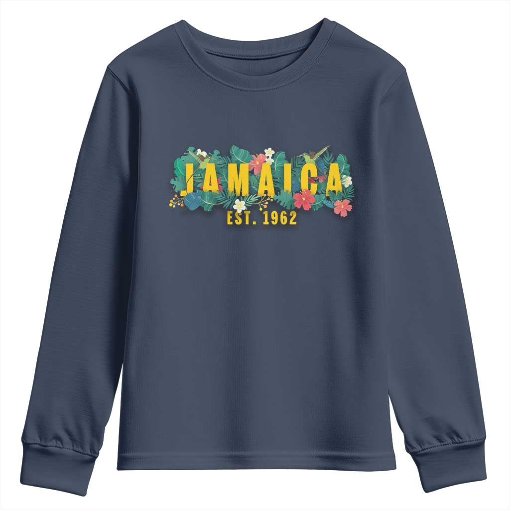 Jamaica Est 1962 Tropical Independence Youth Sweatshirt Doctor Bird and Hibiscus Botanical Travel Souvenir