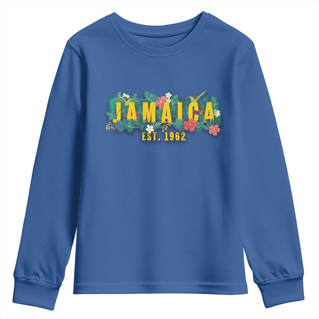 Jamaica Est 1962 Tropical Independence Youth Sweatshirt Doctor Bird and Hibiscus Botanical Travel Souvenir