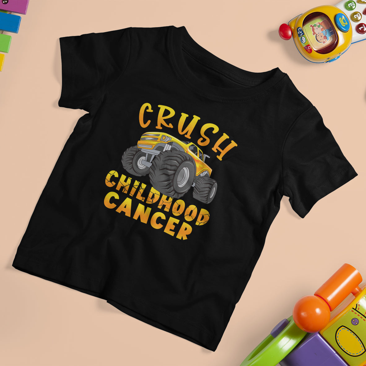 Childhood Cancer Awareness T Shirt For Kid Crush Childhood Cancer Monster Truck Gold Ribbon - Wonder Print Shop
