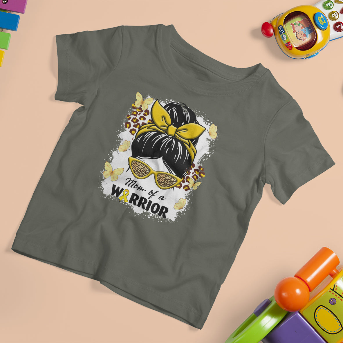 Childhood Cancer Awareness T Shirt For Kid Mom Of A Warrior Messy Bun Gold Ribbon Support Squad - Wonder Print Shop
