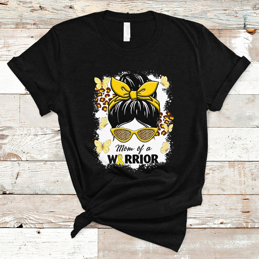 Childhood Cancer Awareness T Shirt Mom Of A Warrior Messy Bun Gold Ribbon Support Squad - Wonder Print Shop