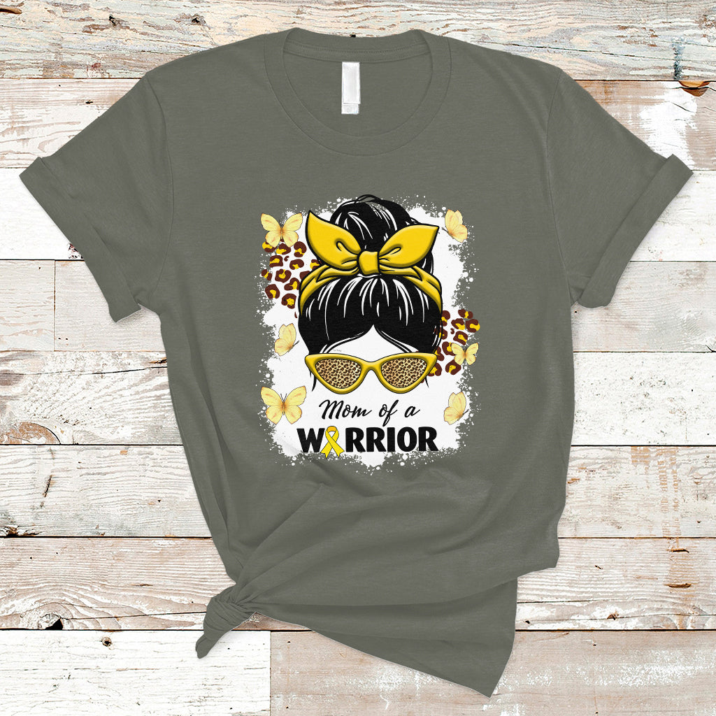 Childhood Cancer Awareness T Shirt Mom Of A Warrior Messy Bun Gold Ribbon Support Squad - Wonder Print Shop