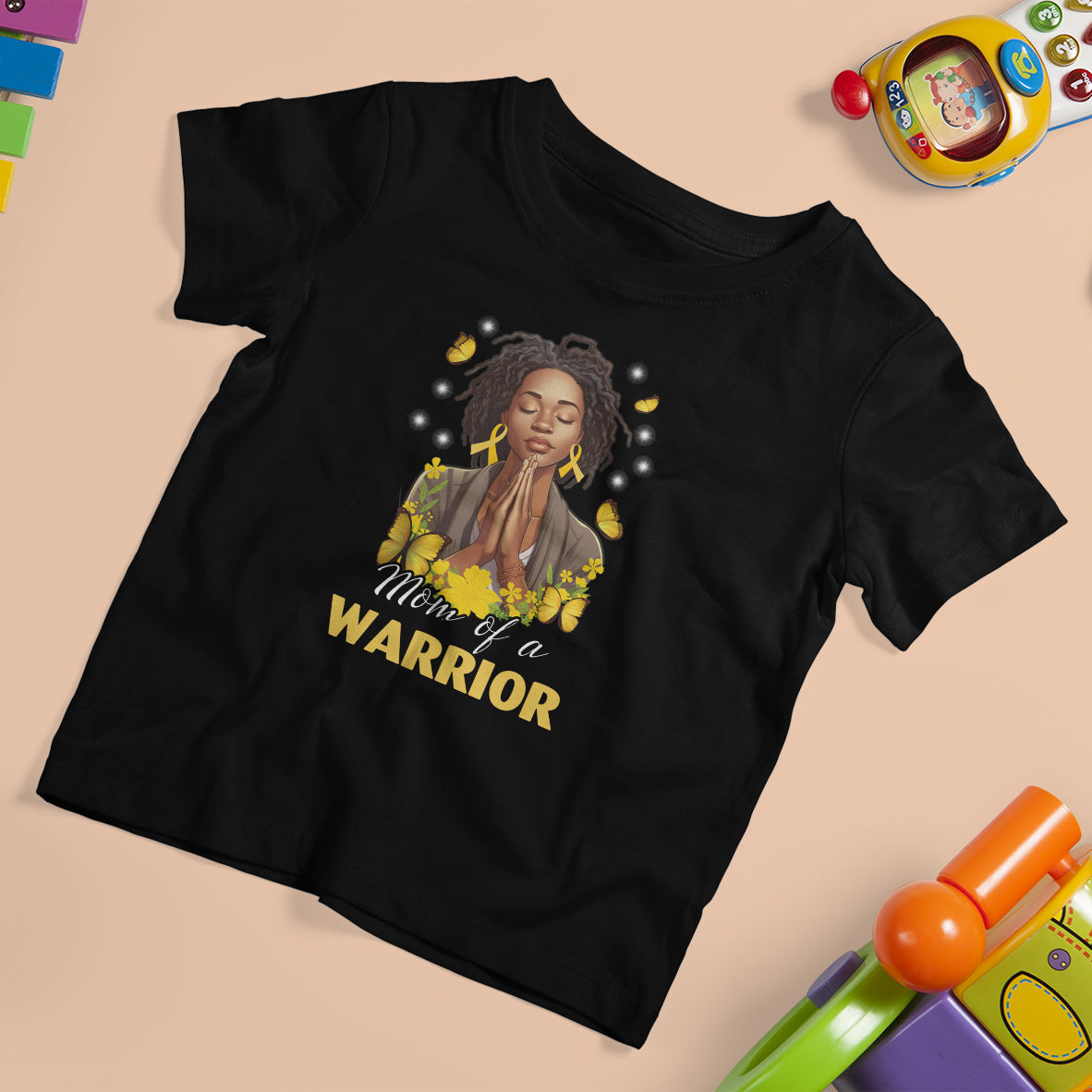 Childhood Cancer Awareness T Shirt For Kid Mom Of A Warrior Messy Bun Melanin Gold Ribbon Support Squad - Wonder Print Shop
