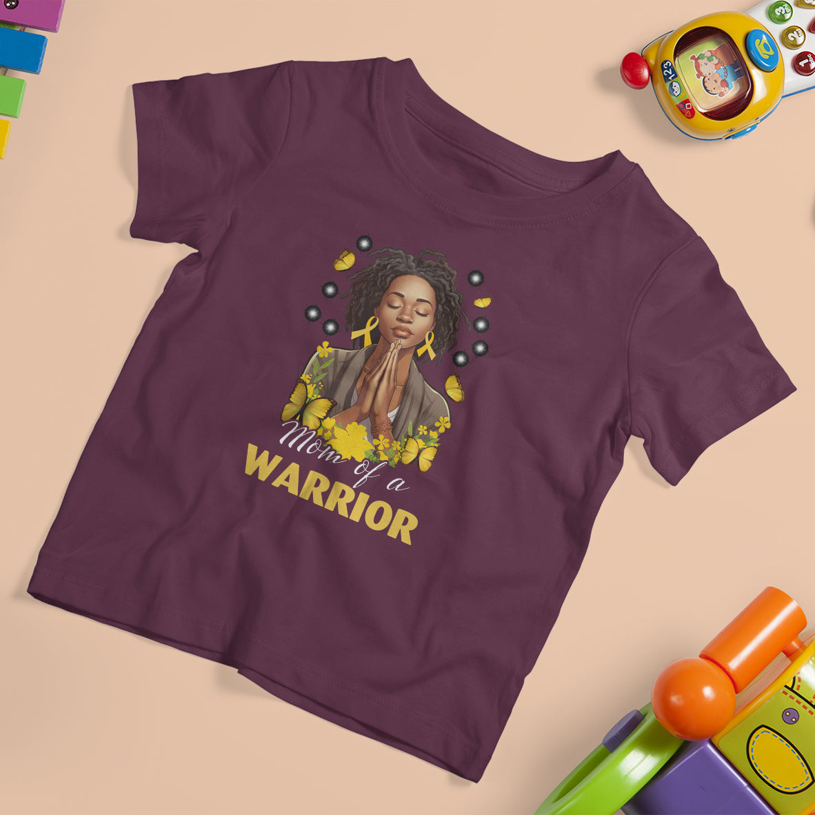 Childhood Cancer Awareness T Shirt For Kid Mom Of A Warrior Messy Bun Melanin Gold Ribbon Support Squad - Wonder Print Shop