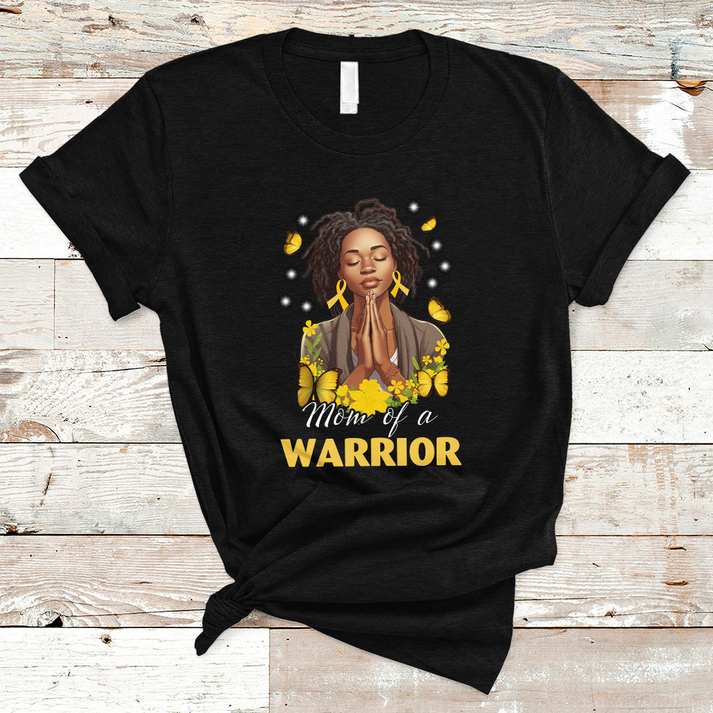 Childhood Cancer Awareness T Shirt Mom Of A Warrior Messy Bun Melanin Gold Ribbon Support Squad - Wonder Print Shop