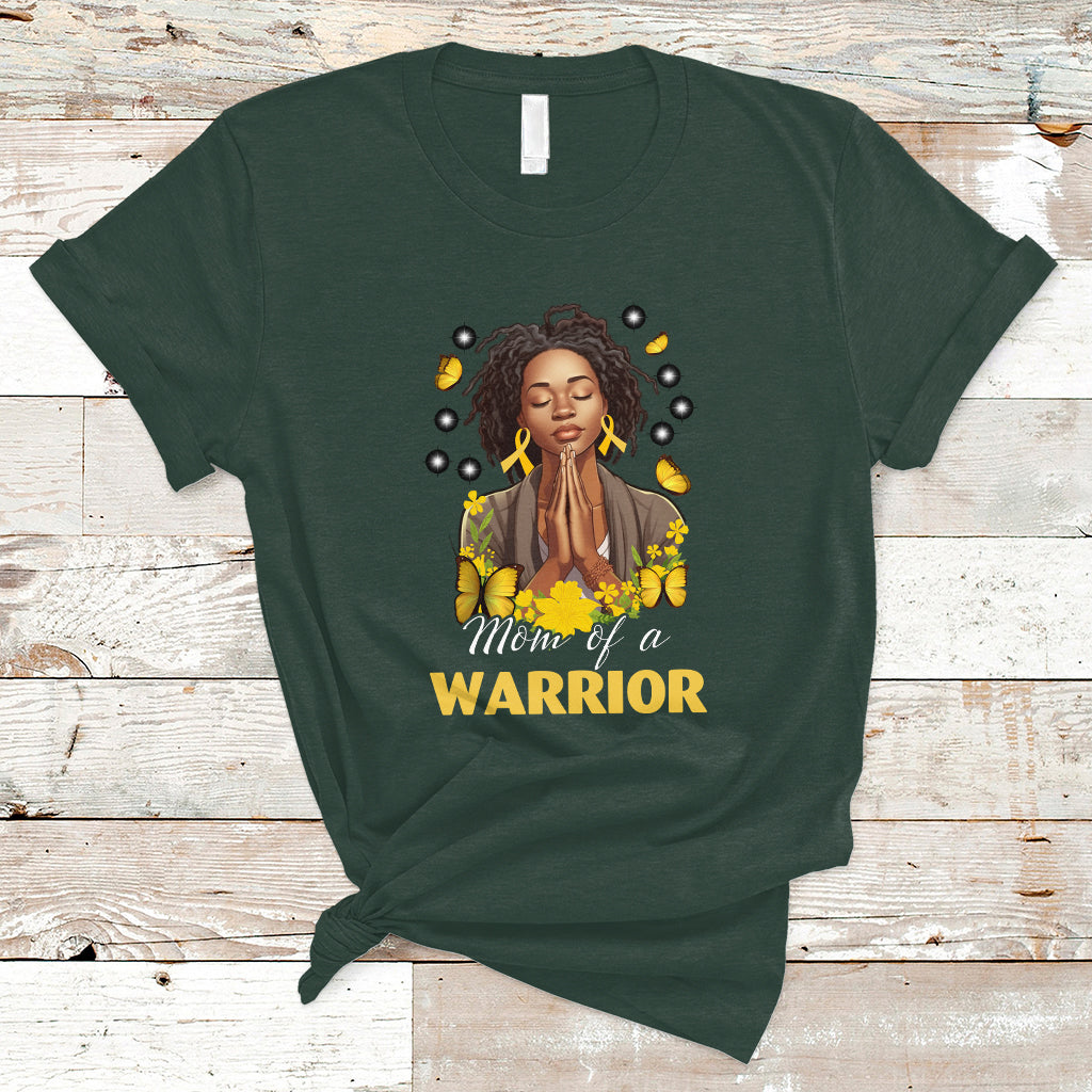 Childhood Cancer Awareness T Shirt Mom Of A Warrior Messy Bun Melanin Gold Ribbon Support Squad - Wonder Print Shop