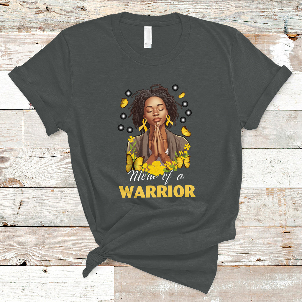 Childhood Cancer Awareness T Shirt Mom Of A Warrior Messy Bun Melanin Gold Ribbon Support Squad - Wonder Print Shop