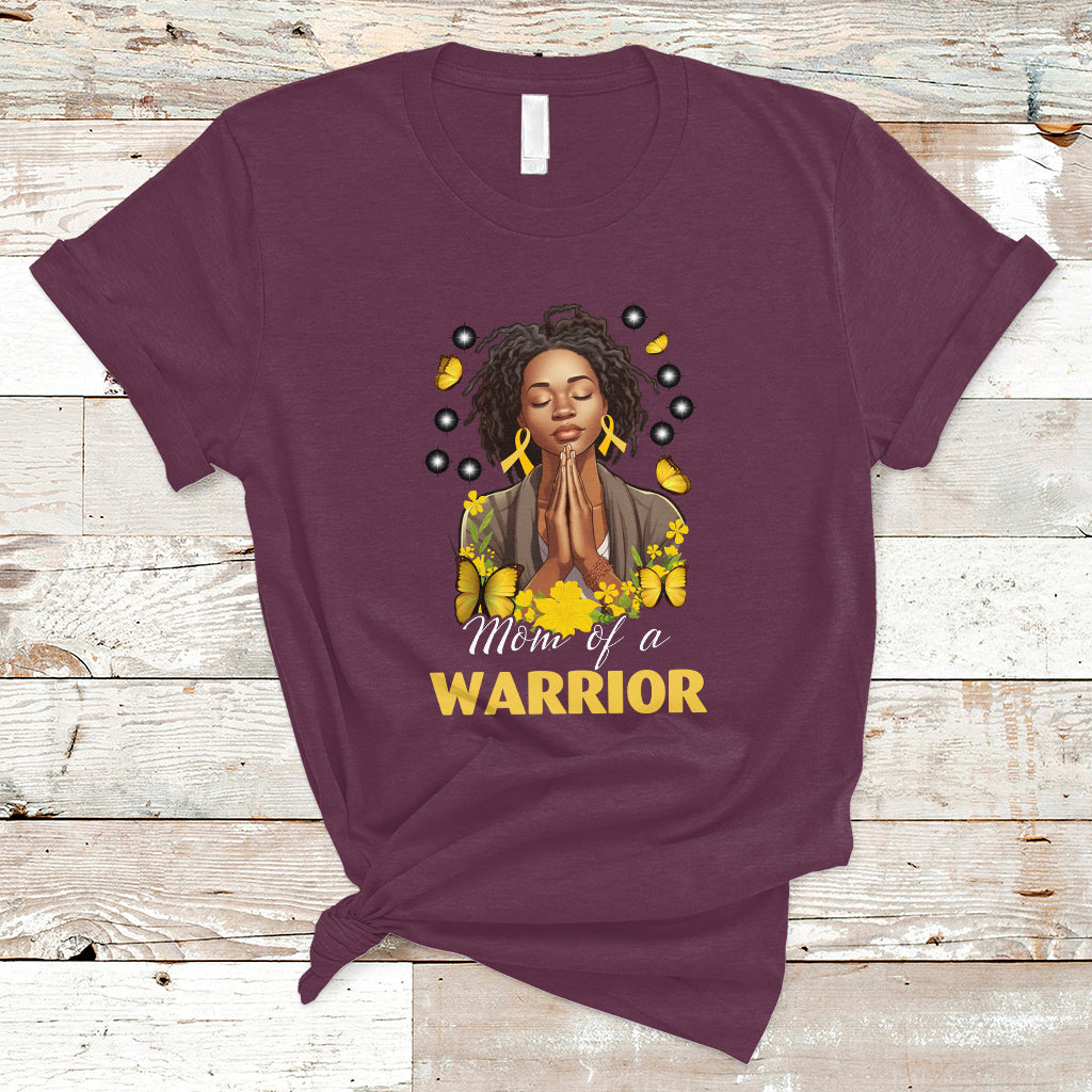 Childhood Cancer Awareness T Shirt Mom Of A Warrior Messy Bun Melanin Gold Ribbon Support Squad - Wonder Print Shop