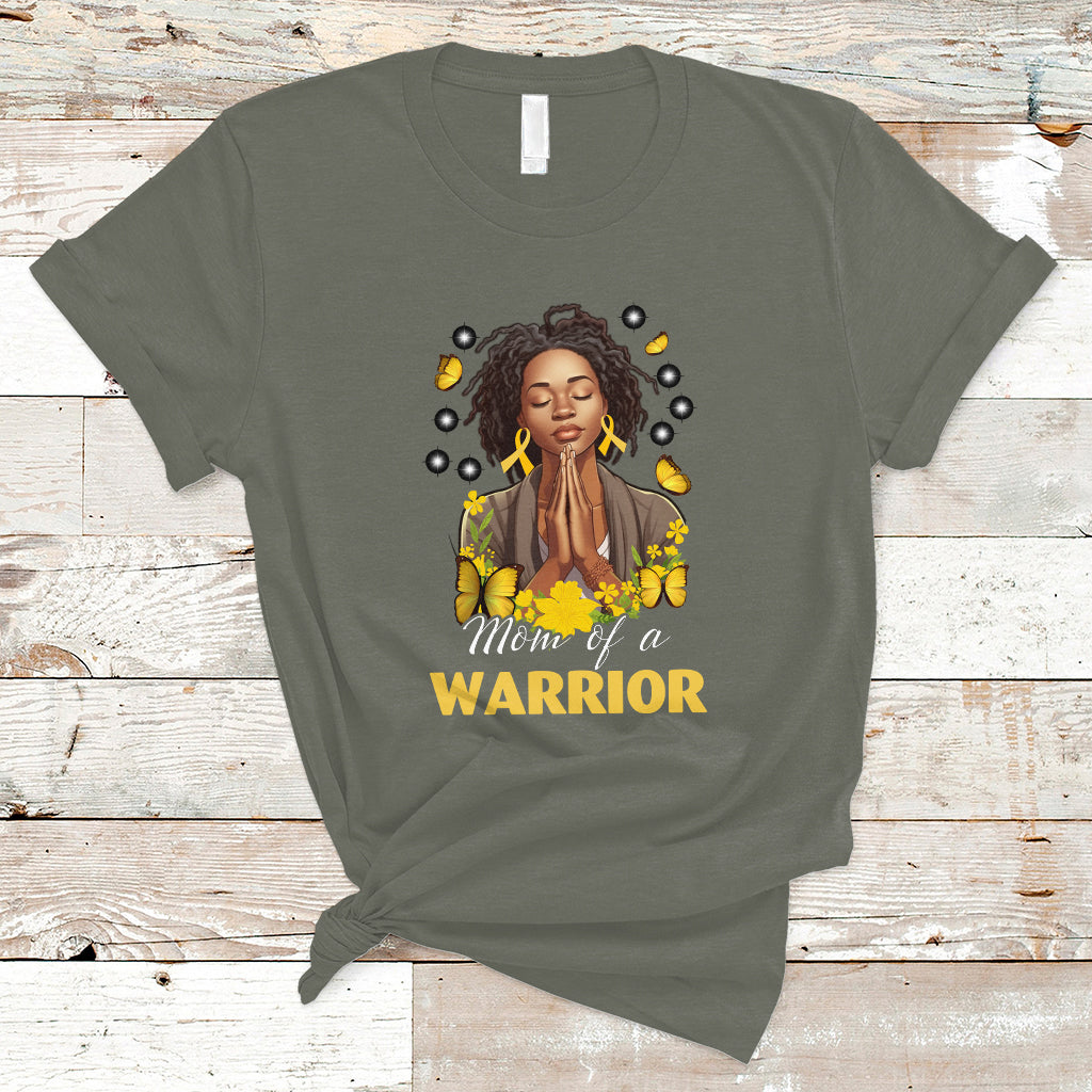 Childhood Cancer Awareness T Shirt Mom Of A Warrior Messy Bun Melanin Gold Ribbon Support Squad - Wonder Print Shop