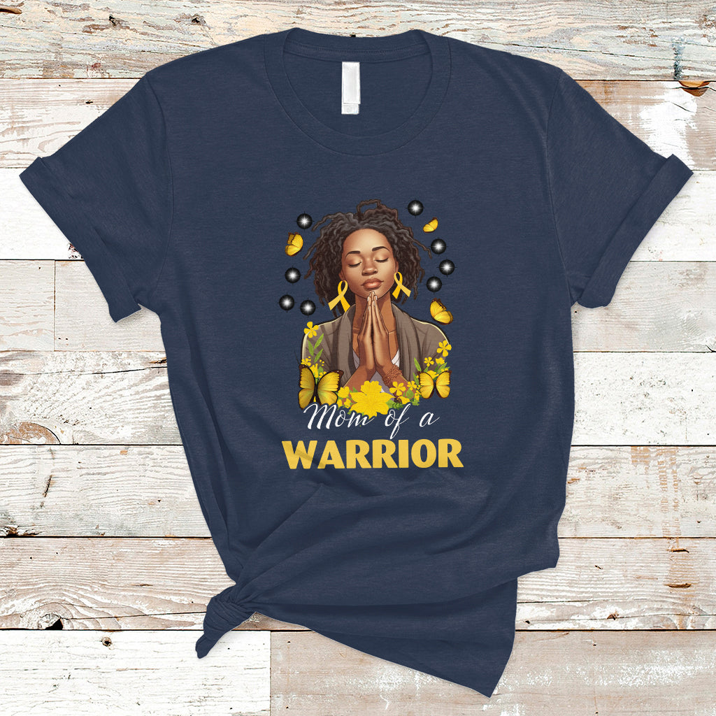 Childhood Cancer Awareness T Shirt Mom Of A Warrior Messy Bun Melanin Gold Ribbon Support Squad - Wonder Print Shop