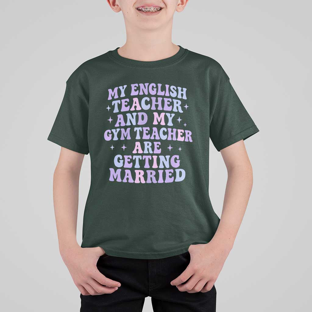 My English Teacher and Gym Teacher Are Getting Married T Shirt For Kid Funny Retro Groovy Love Story - Wonder Print Shop
