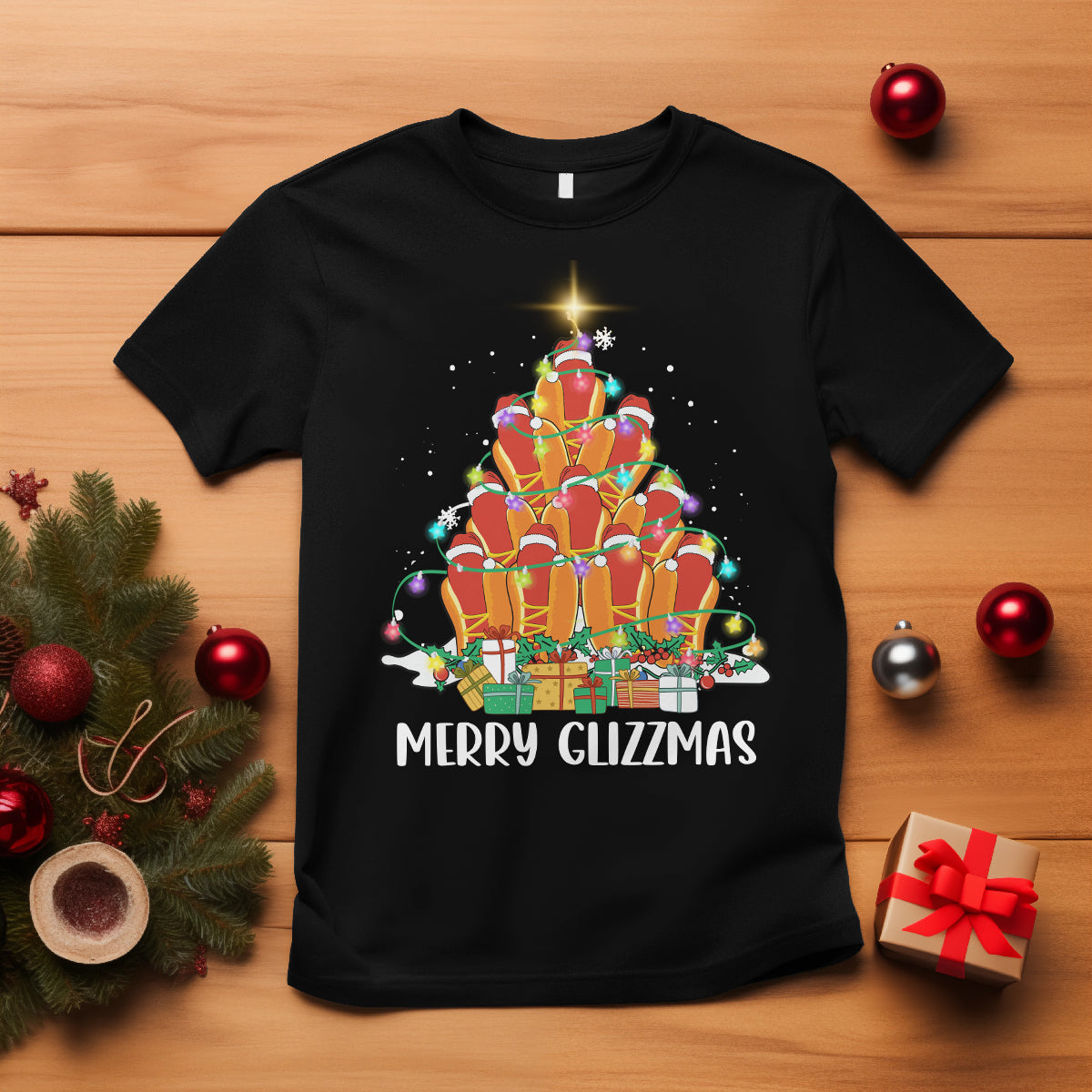 Merry Glizzmas T Shirt Funny Hotdog Christmas Tree - Wonder Print Shop