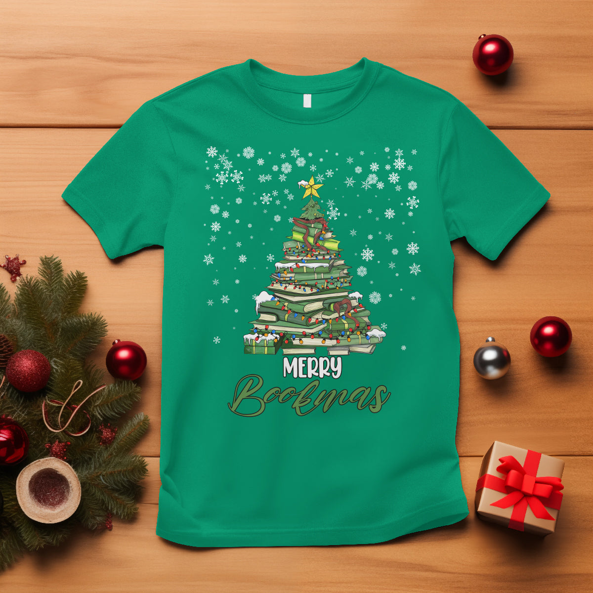 Reading Christmas T Shirt Merry Bookmas Books Pine Xmas Tree Funny - Wonder Print Shop
