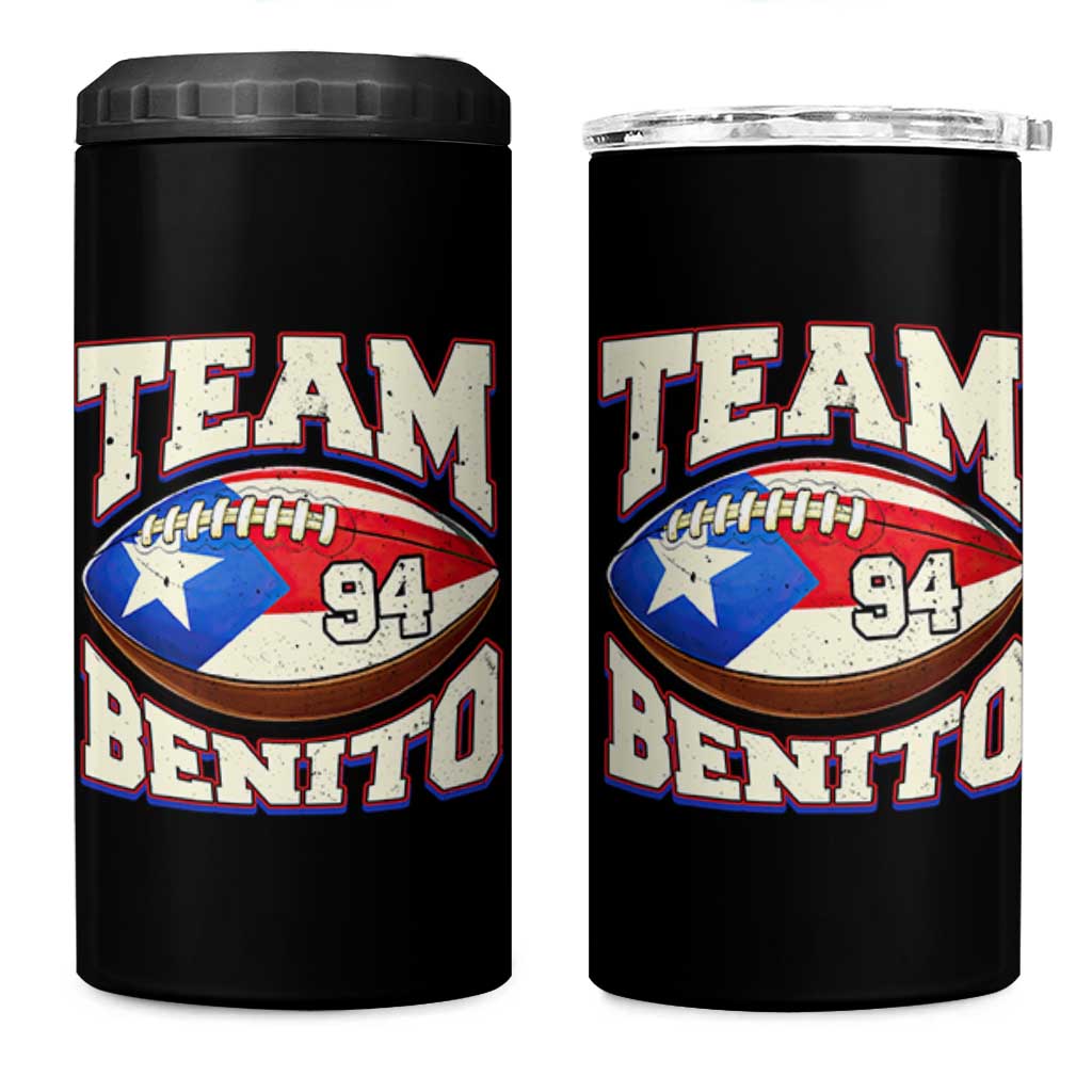 Team Benito Puerto Rico Football Pride 4 in 1 Can Cooler Tumbler Number 94 Vintage Game Day Music Artist Fan