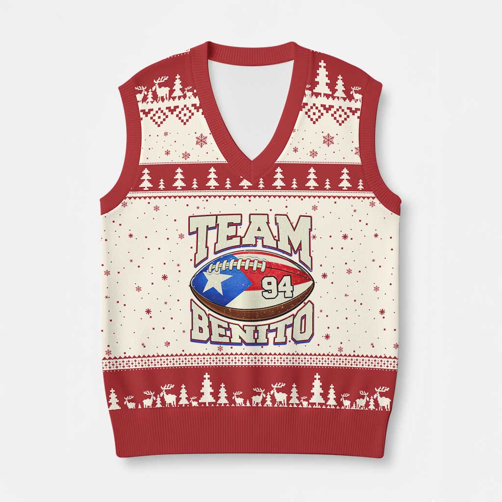 Team Benito Puerto Rico Football Pride V-Neck Knit Sweater Vest Number 94 Vintage Game Day Music Artist Fan