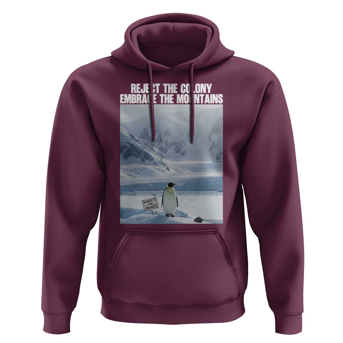Funny Nihilist Penguin Existential Meme Hoodie Reject the Colony Embrace the Mountains