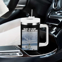 Funny Nihilist Penguin Existential Meme Tumbler With Handle Reject the Colony Embrace the Mountains