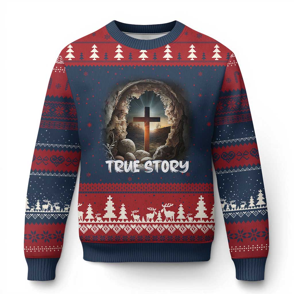 Jesus True Story Ugly Christmas Sweater Resurrection He Is Risen Religious Easter - Wonder Print Shop