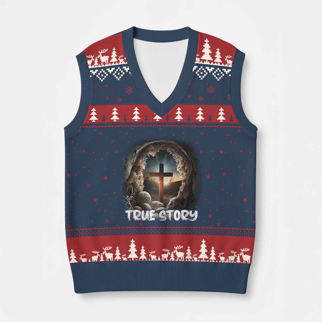 Jesus True Story V-Neck Knit Sweater Vest Resurrection He Is Risen Religious Easter - Wonder Print Shop