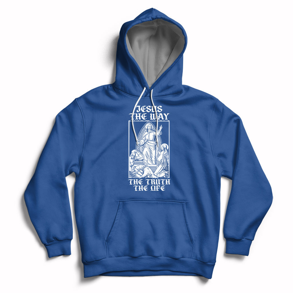 Royal blue Christian hoodie with front pocket and Jesus-themed chest graphic