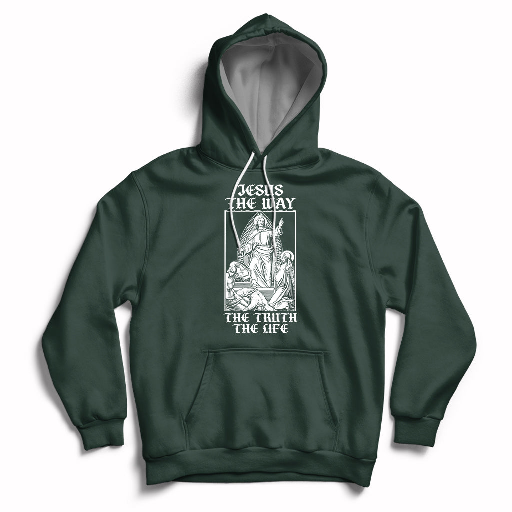Forest green Christian hoodie with front pocket and Jesus-themed chest graphic
