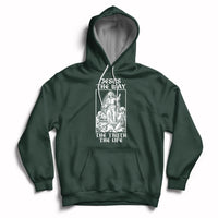 Forest green Christian hoodie with front pocket and Jesus-themed chest graphic