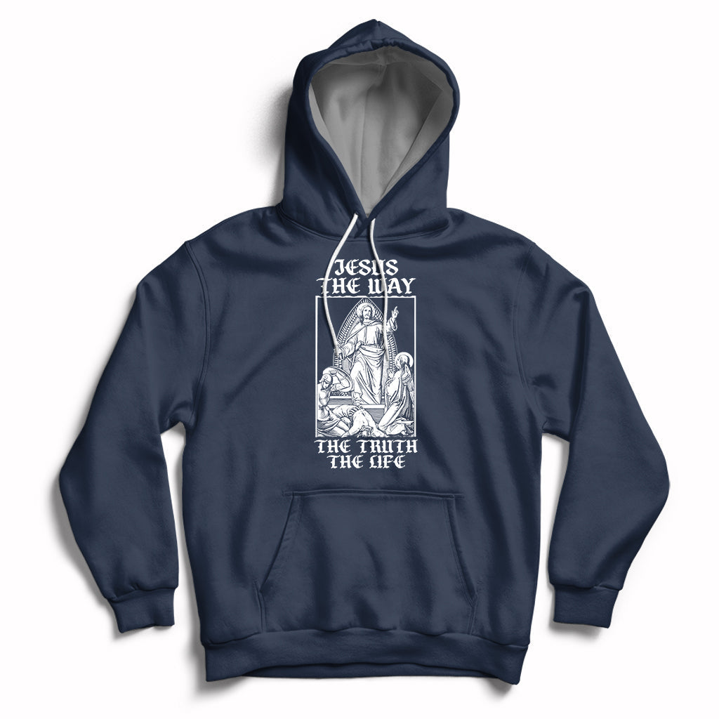 Navy Christian hoodie with front pocket and Jesus-themed chest graphic