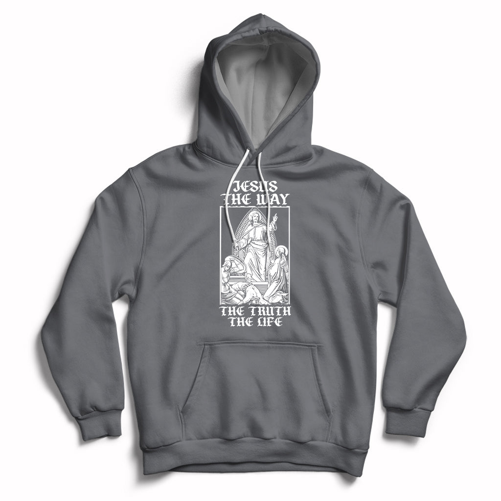 Charcoal gray Christian hoodie with front pocket and Jesus-themed chest graphic