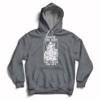 Charcoal gray Christian hoodie with front pocket and Jesus-themed chest graphic