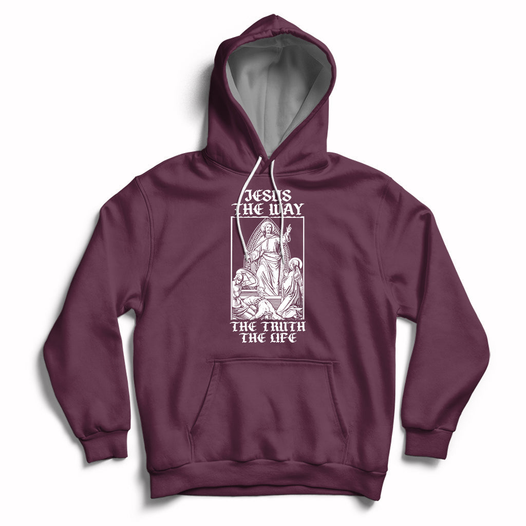 Maroon Christian hoodie with front pocket and Jesus-themed chest graphic
