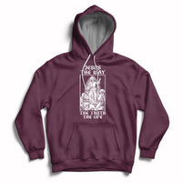 Maroon Christian hoodie with front pocket and Jesus-themed chest graphic