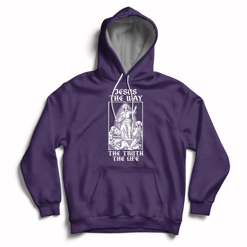 Purple Christian hoodie with front pocket and Jesus-themed chest graphic