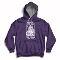Purple Christian hoodie with front pocket and Jesus-themed chest graphic