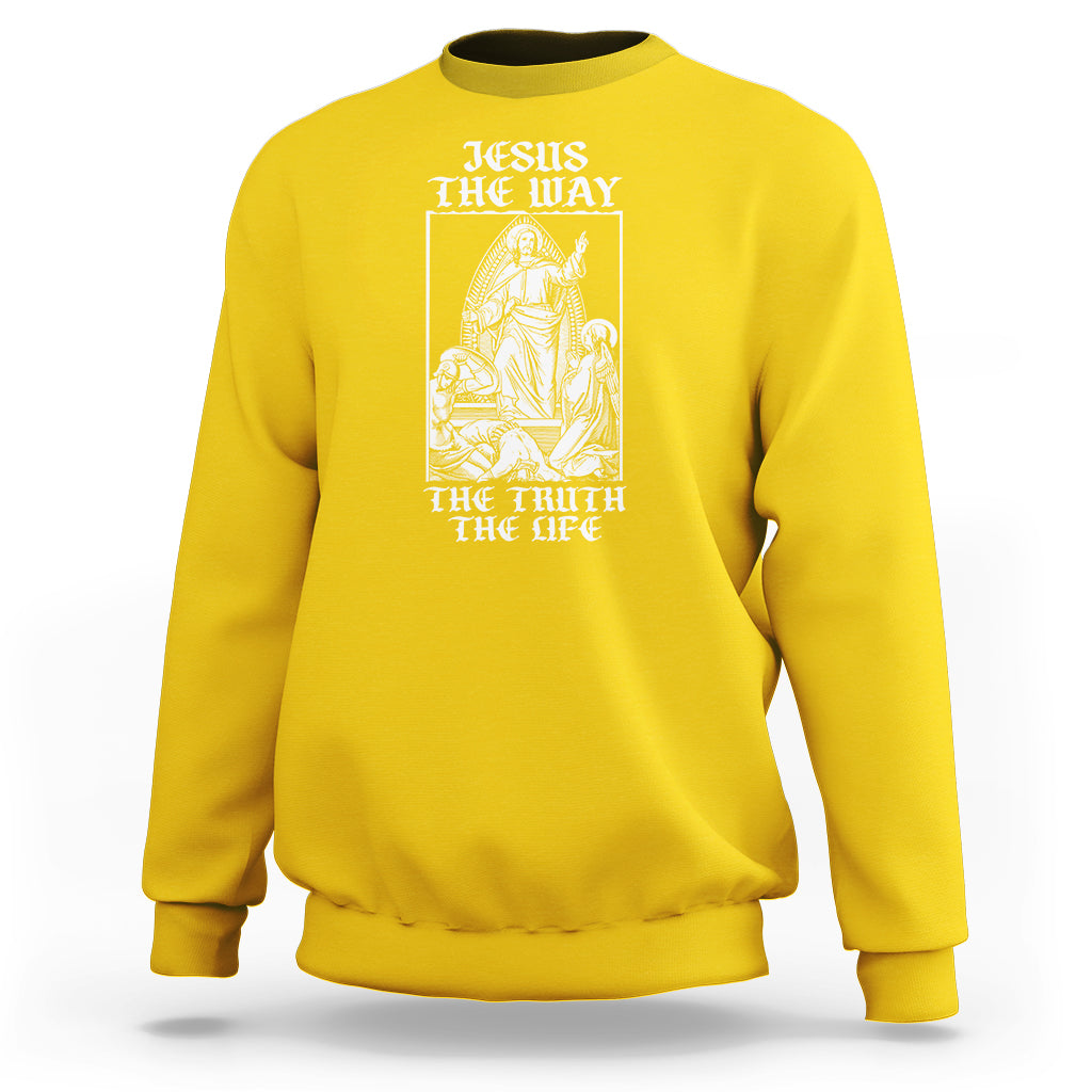 Daisy yellow crewneck sweatshirt with front Jesus graphic and 'THE WAY' 'THE TRUTH THE LIFE' text