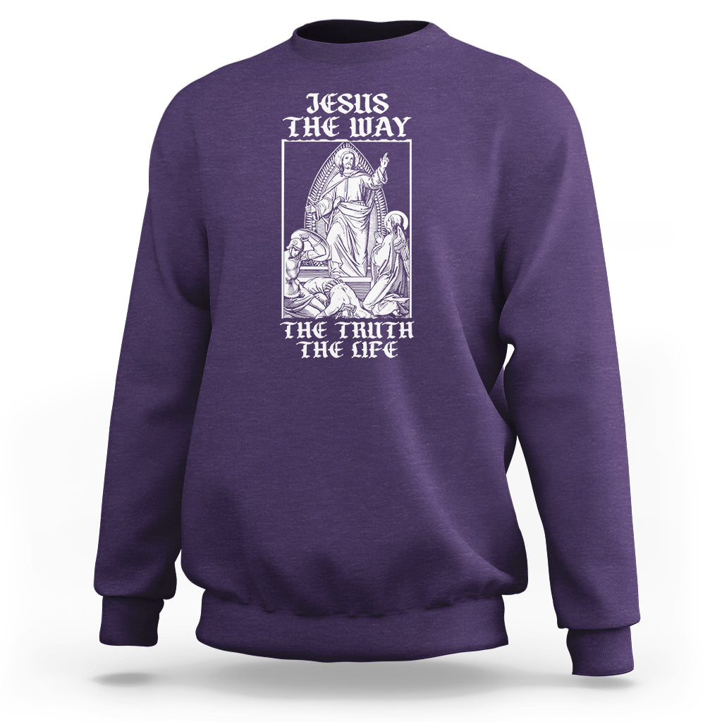 Purple crewneck sweatshirt with front Jesus graphic and 'THE WAY' 'THE TRUTH THE LIFE' text