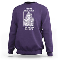 Purple crewneck sweatshirt with front Jesus graphic and 'THE WAY' 'THE TRUTH THE LIFE' text
