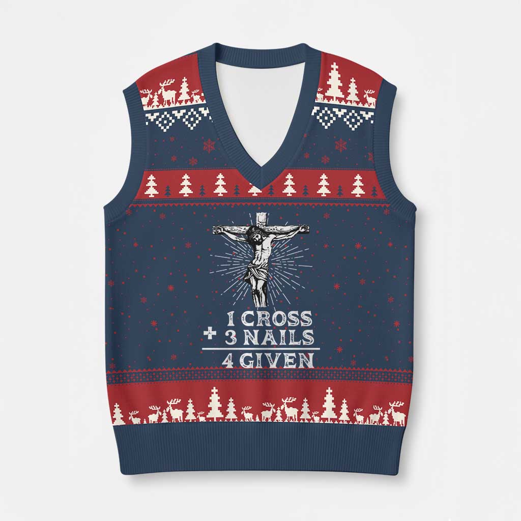 Religious Easter V-Neck Knit Sweater Vest 1 Cross 3 Nails Forgiven Jesus Christian Faith - Wonder Print Shop