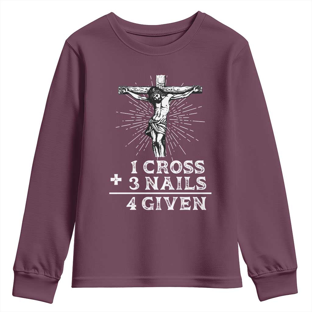 Religious Easter Youth Sweatshirt 1 Cross 3 Nails Forgiven Jesus Christian Faith
