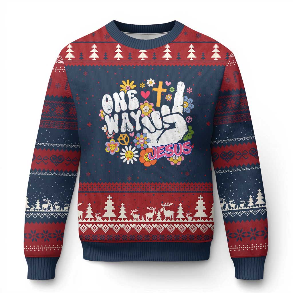 One Way Jesus Ugly Christmas Sweater Christian Relgion Retro Hippie - Wonder Print Shop