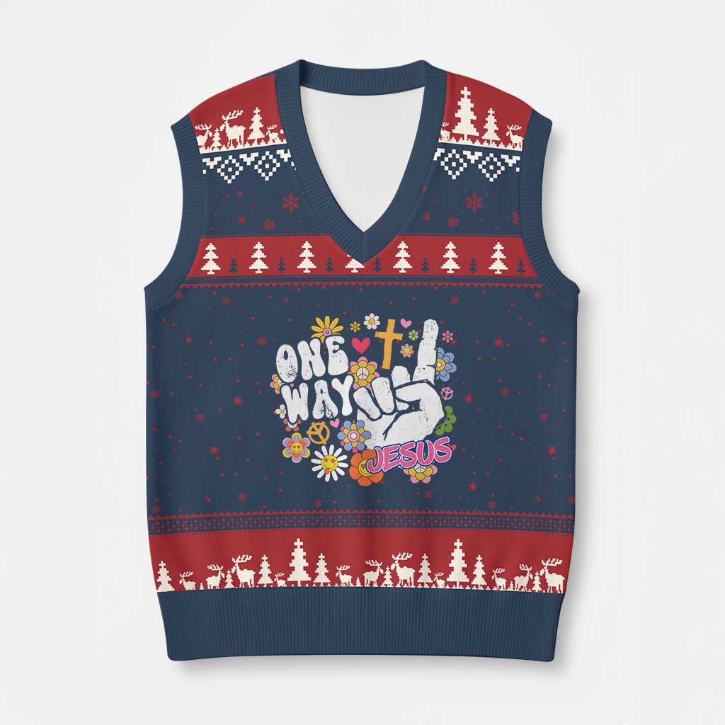 One Way Jesus V-Neck Knit Sweater Vest Christian Relgion Retro Hippie - Wonder Print Shop