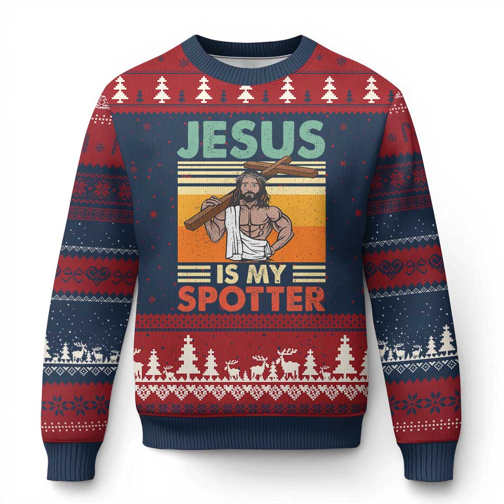 Jesus Is My Spotter Ugly Christmas Sweater Funny Gym Christian Fitness - Wonder Print Shop