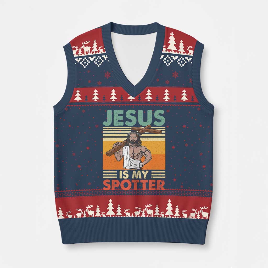 Jesus Is My Spotter V-Neck Knit Sweater Vest Funny Gym Christian Fitness - Wonder Print Shop