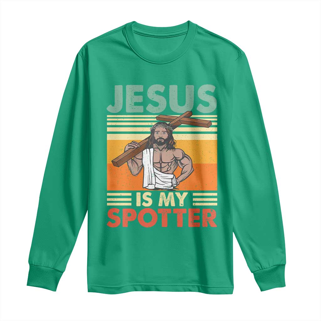 Jesus Is My Spotter Long Sleeve Shirt Funny Gym Christian Fitness