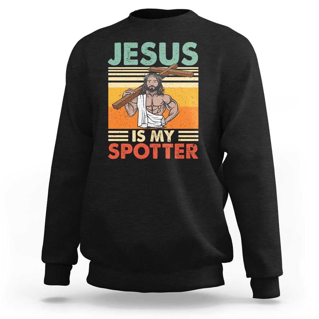Funny Gym Shirt Jesus Is My Spotter Funny Workout Jesus Chistian Cross Vintage, Funny Jesus Shirt, Jesus Believer, Religious Shirt Sweatshirt - Wonder Print Shop
