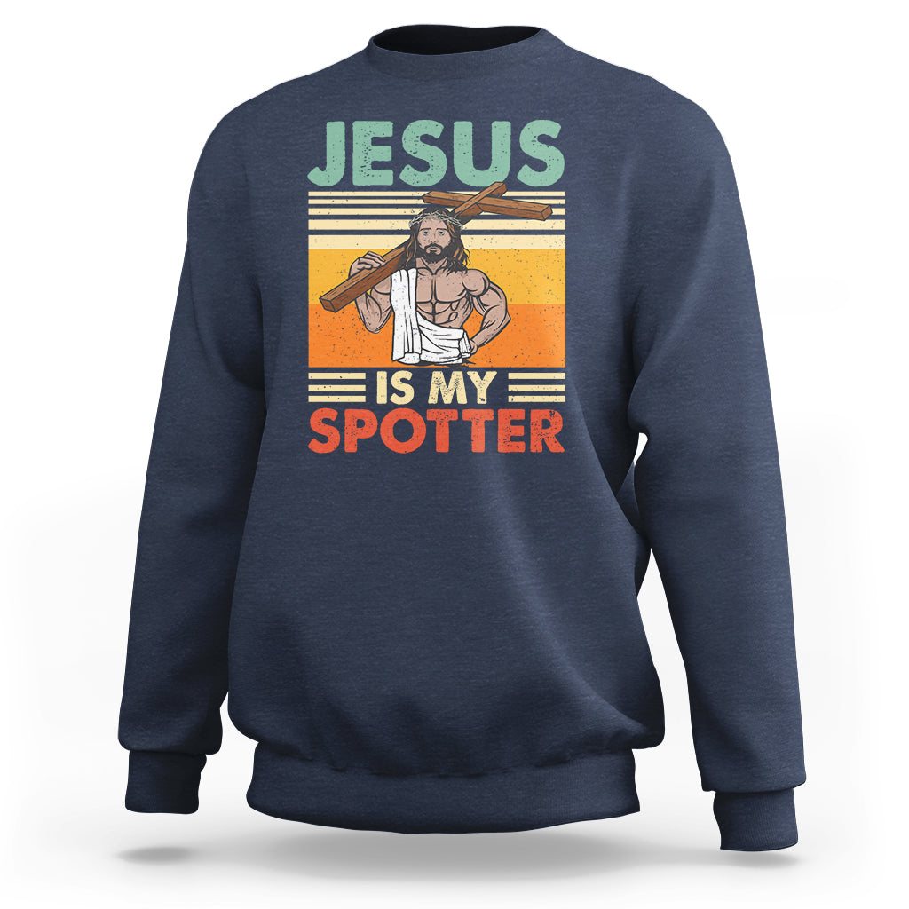 Funny Gym Shirt Jesus Is My Spotter Funny Workout Jesus Chistian Cross Vintage, Funny Jesus Shirt, Jesus Believer, Religious Shirt Sweatshirt - Wonder Print Shop