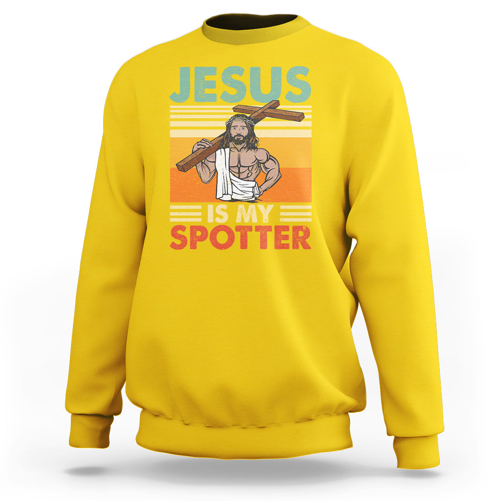 Funny Gym Shirt Jesus Is My Spotter Funny Workout Jesus Chistian Cross Vintage, Funny Jesus Shirt, Jesus Believer, Religious Shirt Sweatshirt - Wonder Print Shop