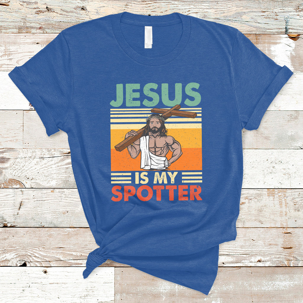 Funny Gym Shirt Jesus Is My Spotter Funny Workout Jesus Chistian Cross Vintage, Funny Jesus Shirt, Jesus Believer, Religious Shirt T-Shirt - Wonder Print Shop