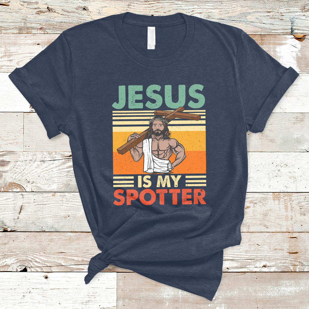 Funny Gym Shirt Jesus Is My Spotter Funny Workout Jesus Chistian Cross Vintage, Funny Jesus Shirt, Jesus Believer, Religious Shirt T-Shirt - Wonder Print Shop